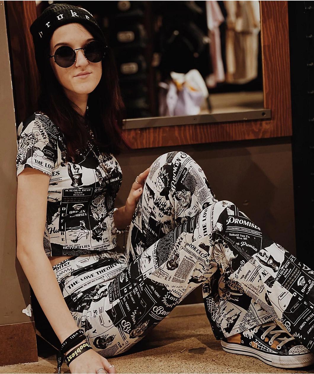 Broken Promises Mixed Media Black & White Flare Pants Product Image