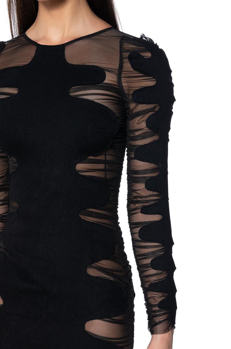 DEVON DENIM AND MESH LONG SLEEVE MIDI DRESS Product Image