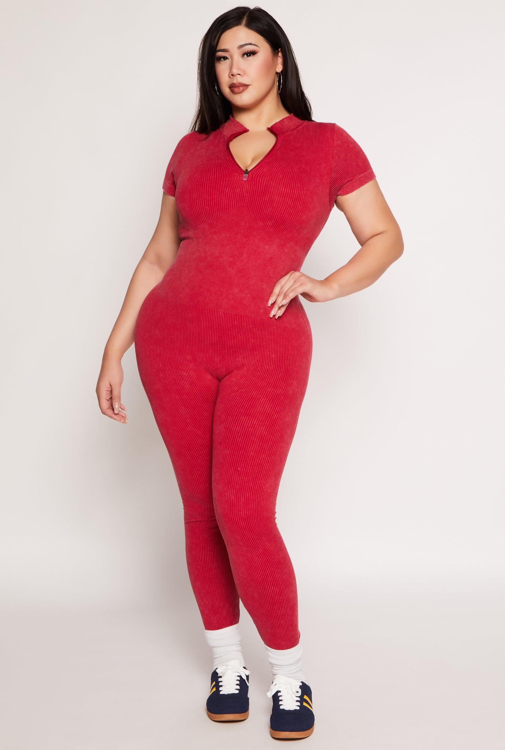 Womens Plus Size Ribbed Knit Zip Neck Catsuit Product Image