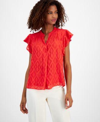 T Tahari Womens Flutter-Sleeve Split-Neck Top Product Image