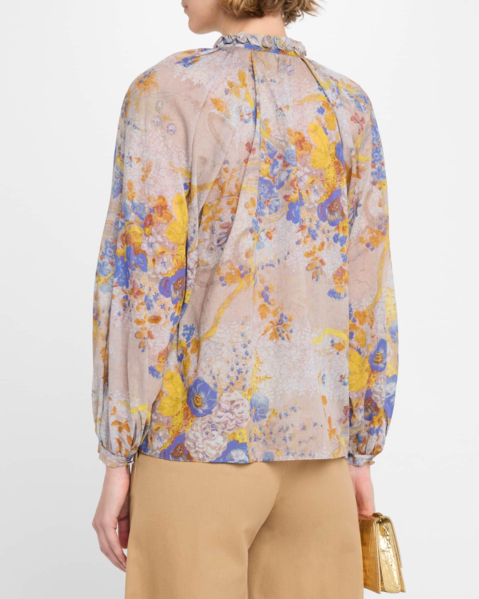 Janice Ruffled Tie-Neck Floral Cotton Blouse Product Image