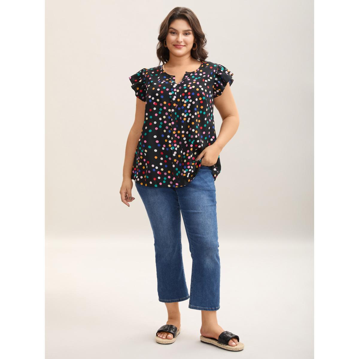 Plus Size Black Rayon Polka Dot Flutter Sleeve Blouse Women Resort Cap Sleeve Non Vacation Blouses BloomChic 26/4X Product Image
