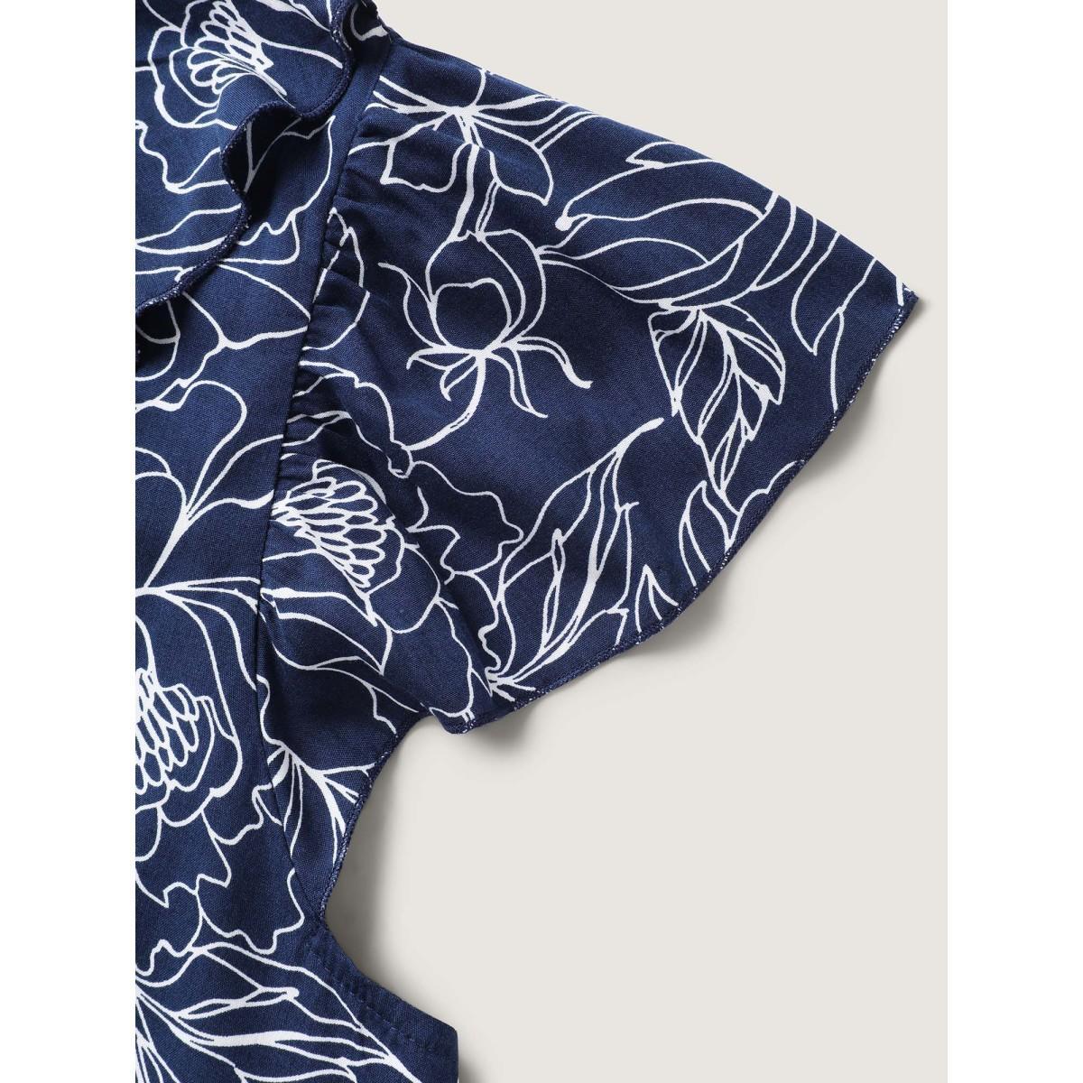 Plus Size DarkBlue Floral Abstract Print Ruffled Blouse Women Short sleeve V-neck Everyday-Elegant Blouses BloomChic 14-16/1X Product Image