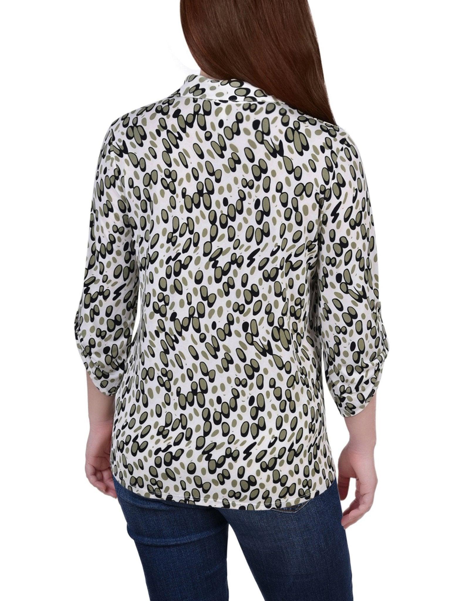 Grey Abstract Dots 3/4 Roll Tab Sleeve Studded Y Neck Top - Petite Product Image