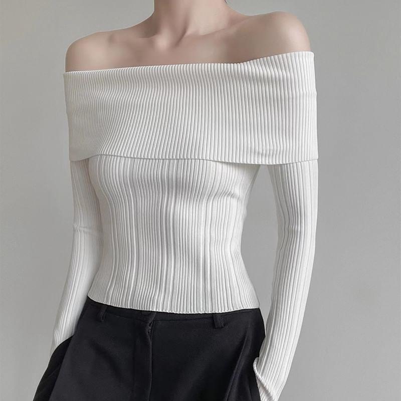 Off-Shoulder Long-Sleeve Plain Ribbed Knit Top Product Image