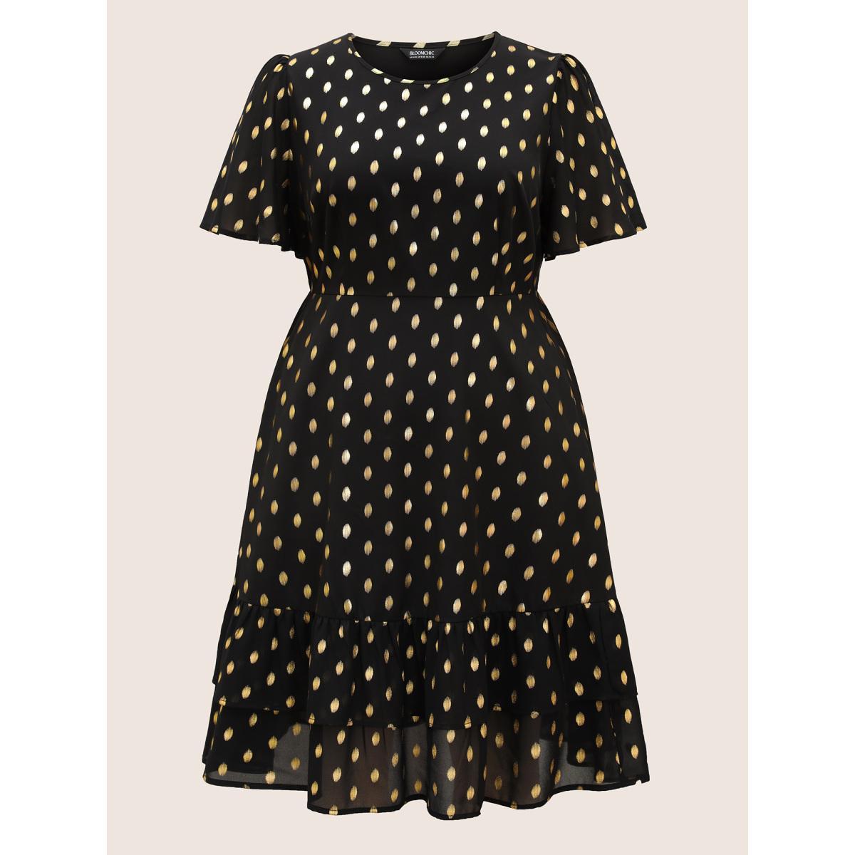 Plus Size Glitter Polka Dot Patchwork Ruffles Dress Black Women Cocktail See through Round Neck Short sleeve Curvy BloomChic 12/L Product Image
