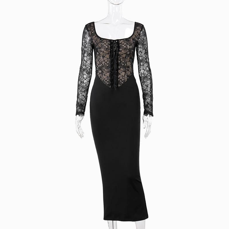 Long Sleeve Square Neck Lace Up Panel Lace Maxi Sheath Dress Product Image