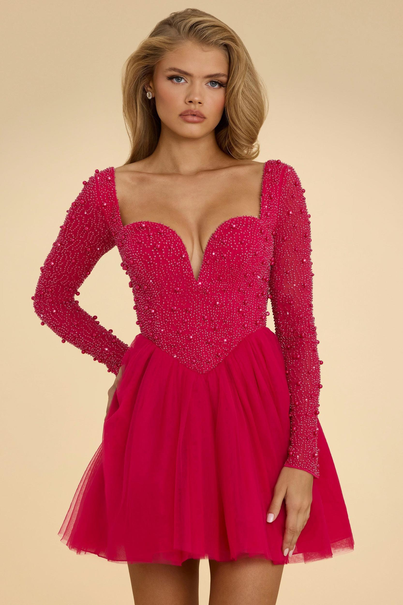 Plunge Neck Tulle Mini Dress in Hot Pink Product Image