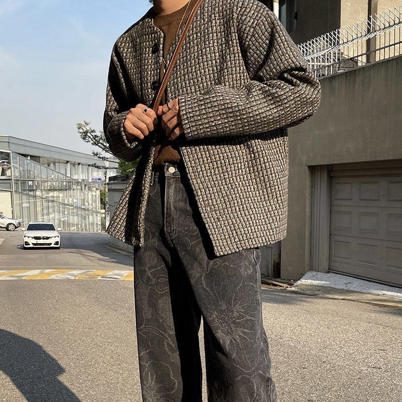 RT No. 5563 BROWN WOVEN PLAID COLLARLESS JK Product Image