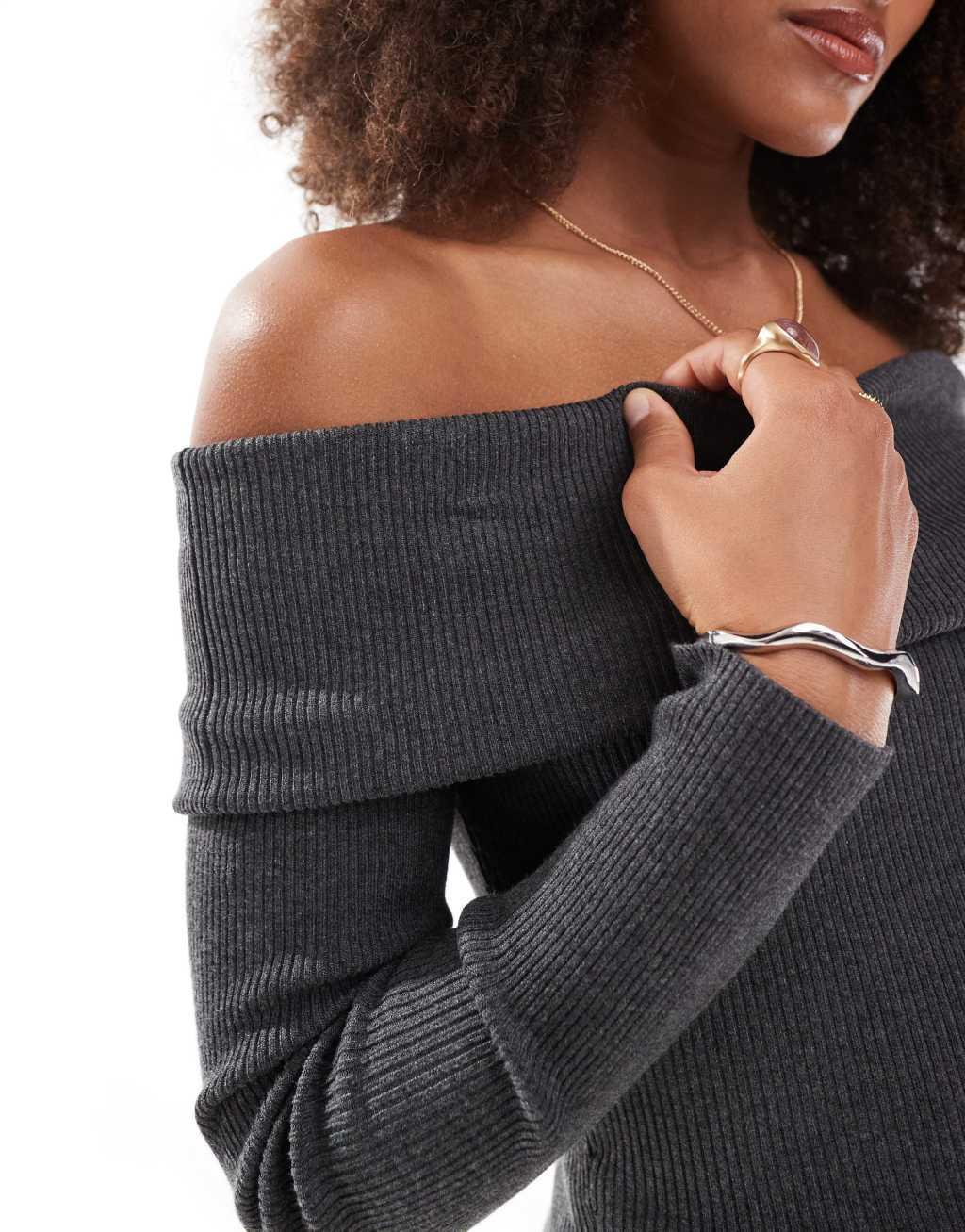 Miss Selfridge fold over knit ribbed bardot sweater in charcoal Product Image