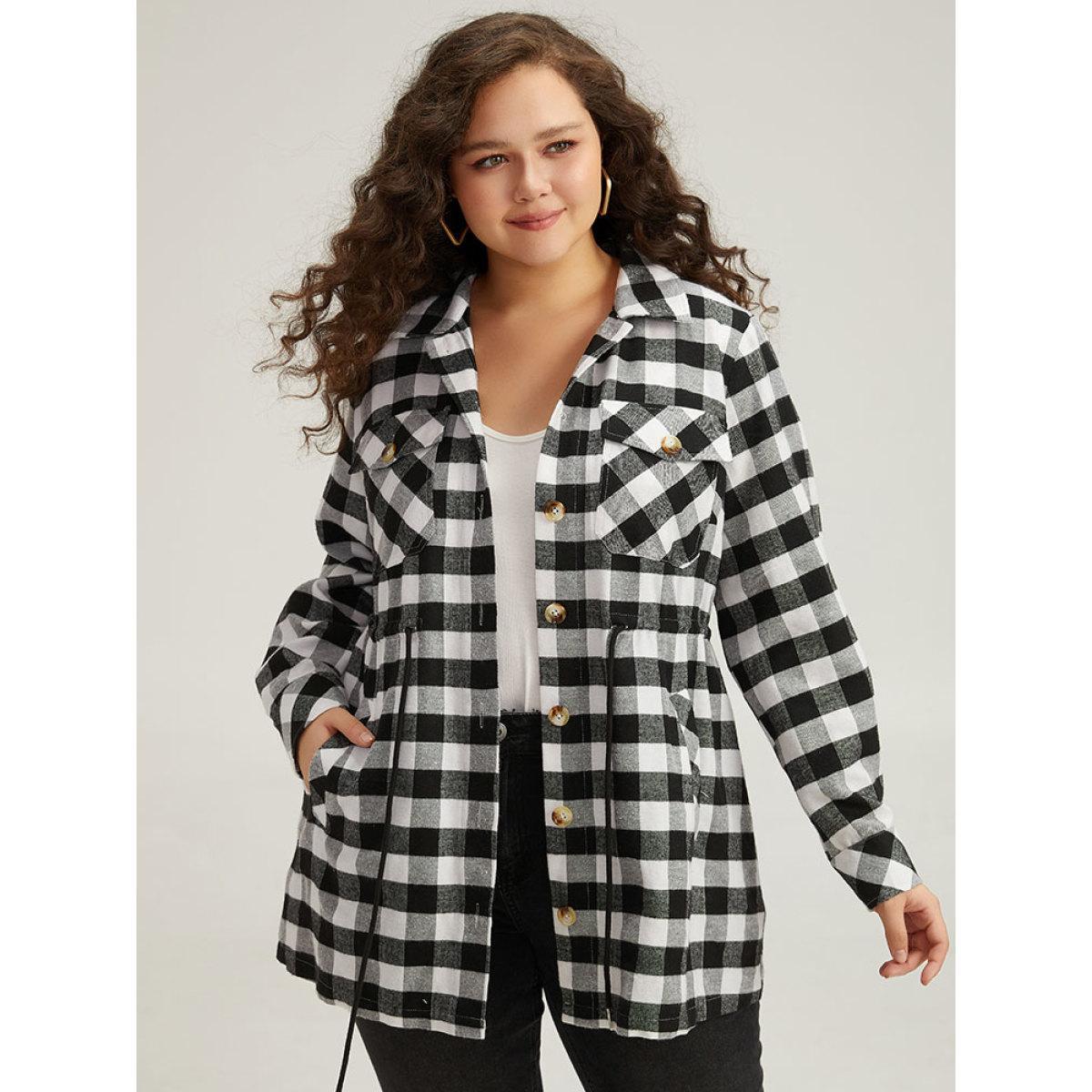 Plus Size Halloween Plaid Drawstring Pocket Button Through Coat Women Black Drawstring Pocket Dailywear Jackets BloomChic 26/4X Product Image