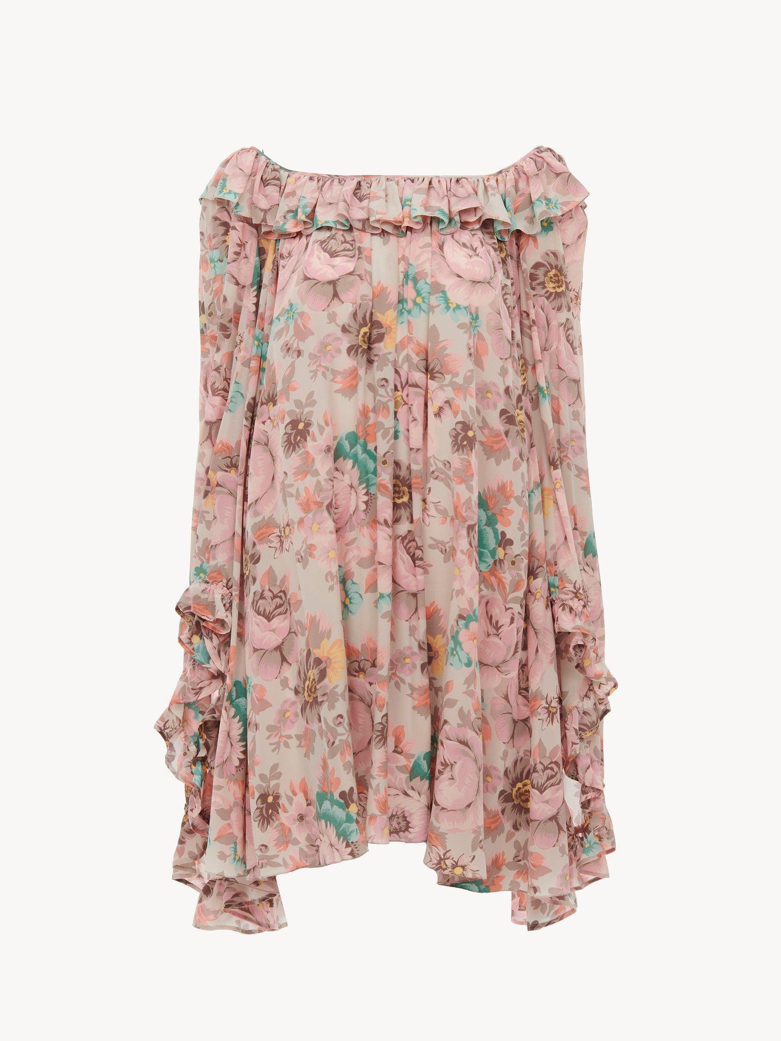 Square-neck ruffled mini dress in crêpe de chine Product Image