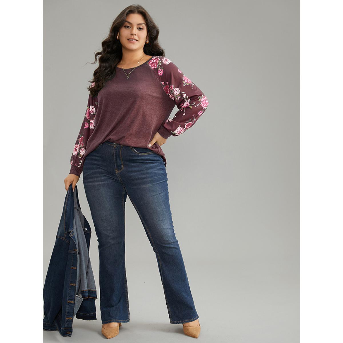Plus Size Floral Patchwork Crew Neck Raglan Sleeve T-shirt Russet Women Elegant Printed Floral Round Neck Dailywear T-shirts BloomChic 12/L Product Image