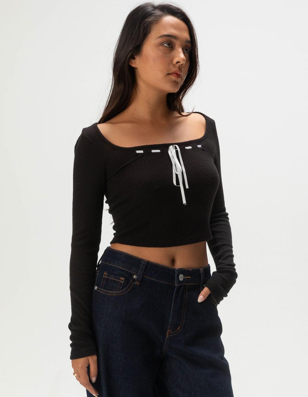 RSQ Womens Ribbon Square Neck Long Sleeve Top - BLACK Product Image