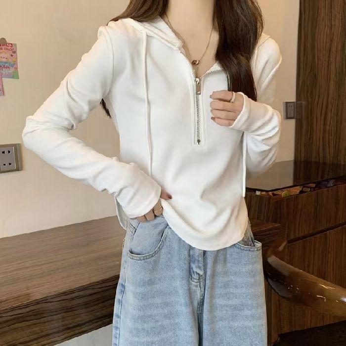 Long Sleeve Plain Hood Half Zip Top Product Image