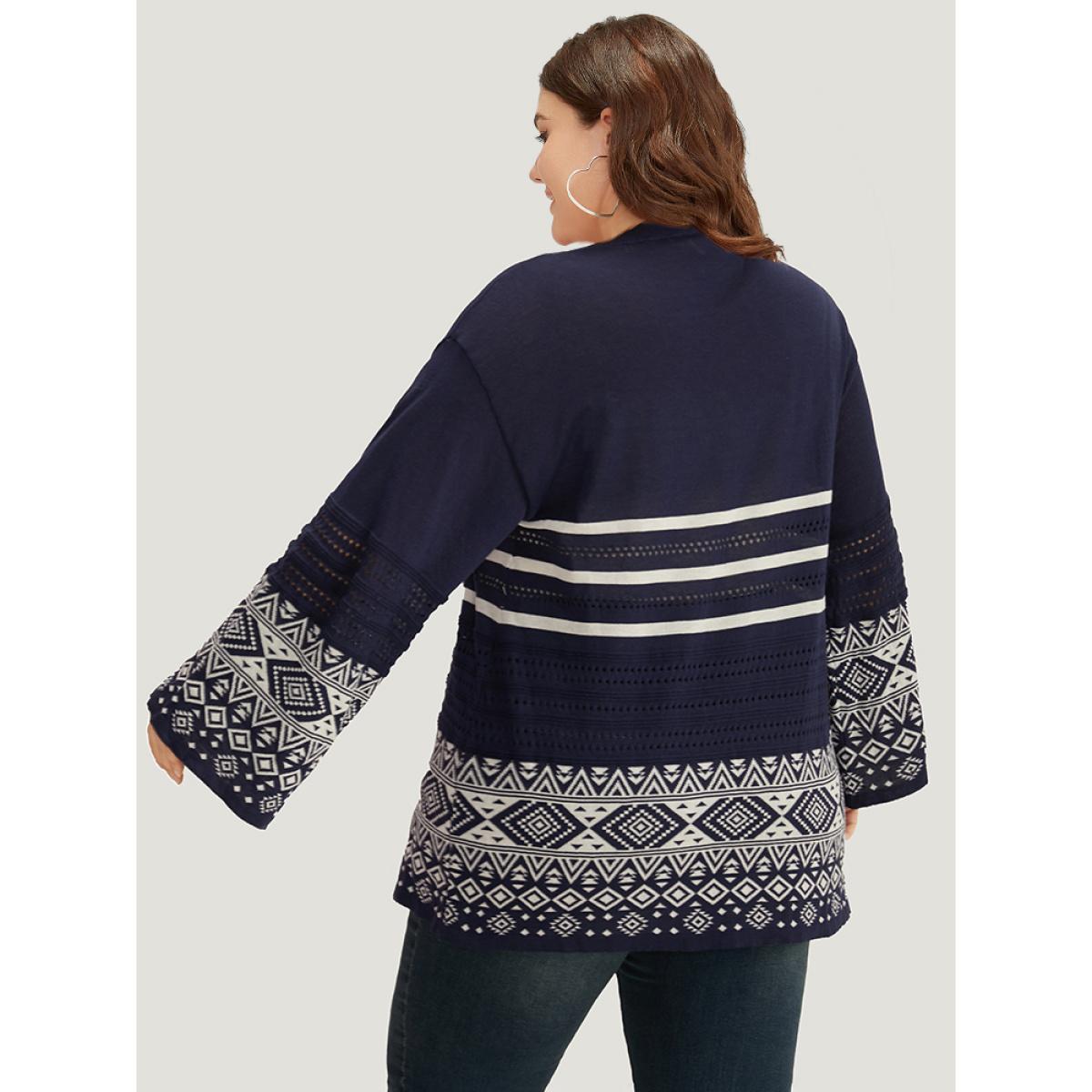 Plus Size Bandana Print Geo Eyelet Ties Front Cardigan Indigo Women Casual Loose Long Sleeve Everyday Cardigans BloomChic 10/M Product Image