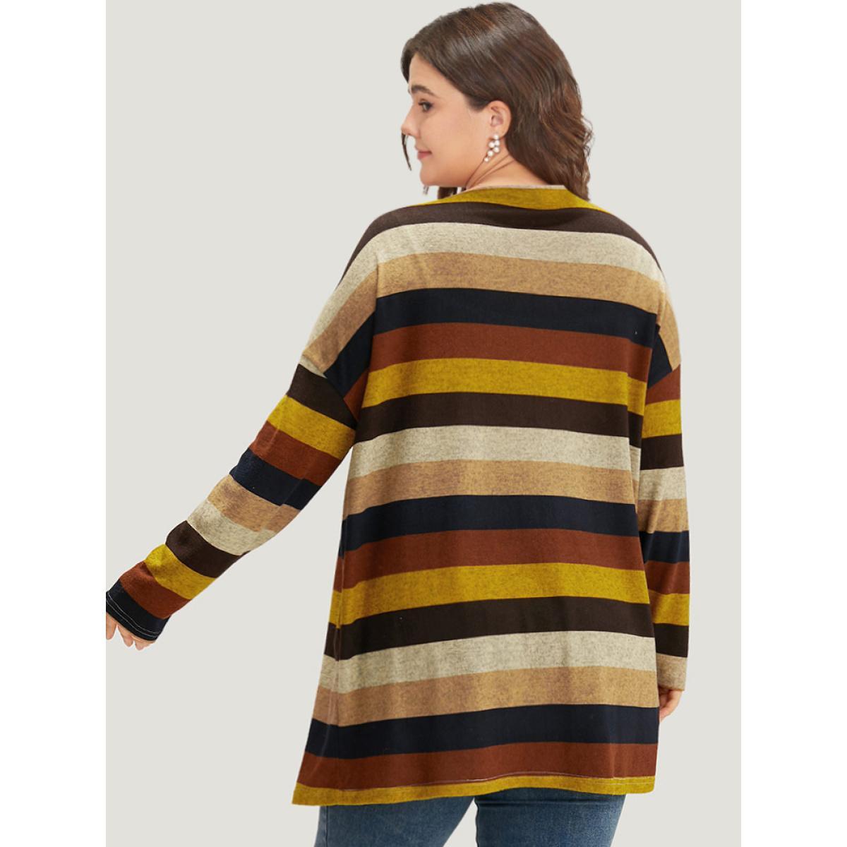 Plus Size Striped Contrast Open Front Kimono Women DarkBrown Casual Contrast Dailywear Kimonos BloomChic 22-24/3X Product Image