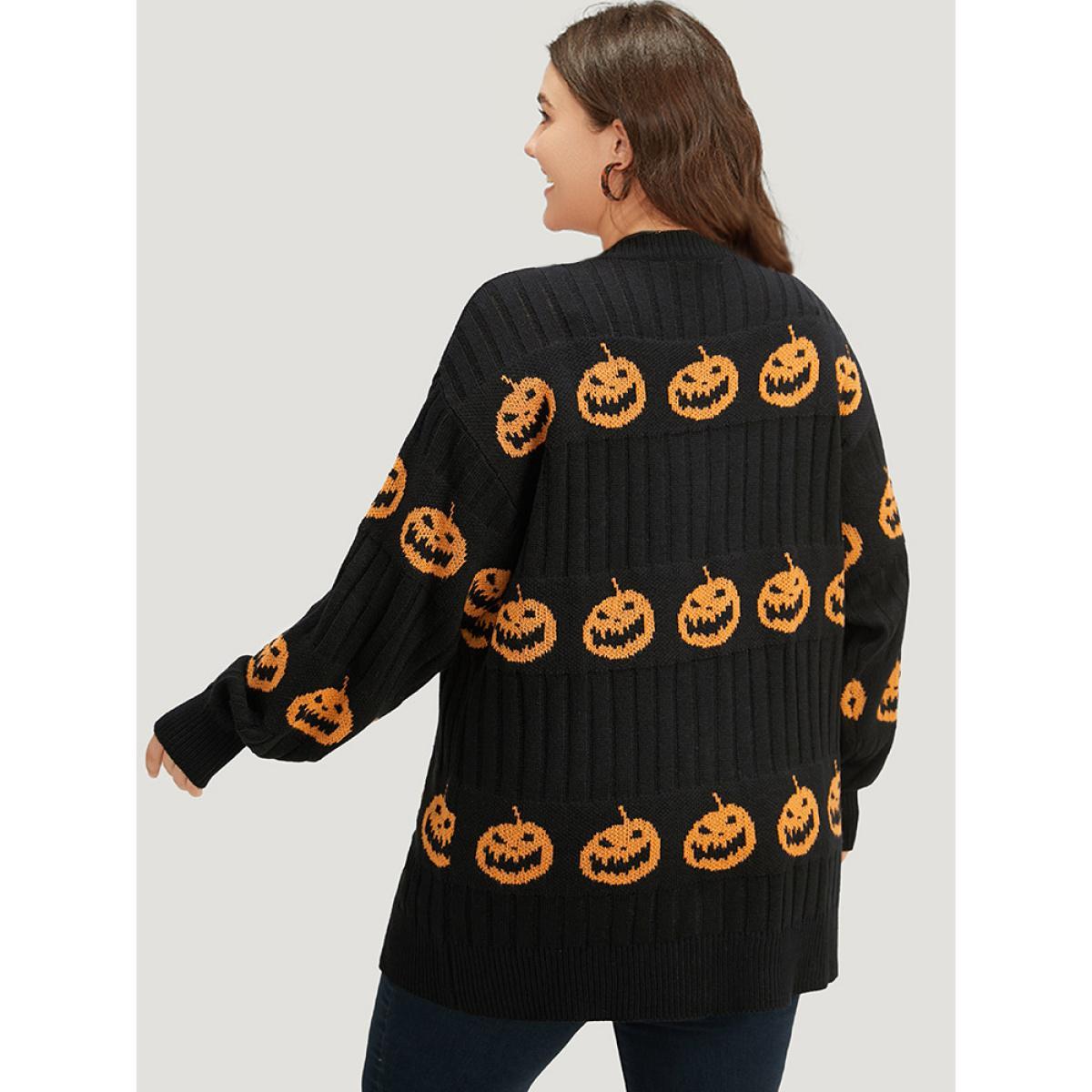Plus Size Halloween Pumpkin Graphic Open Front Cardigan Black Women Casual Loose Long Sleeve Festival-Halloween Cardigans BloomChic 10/M Product Image