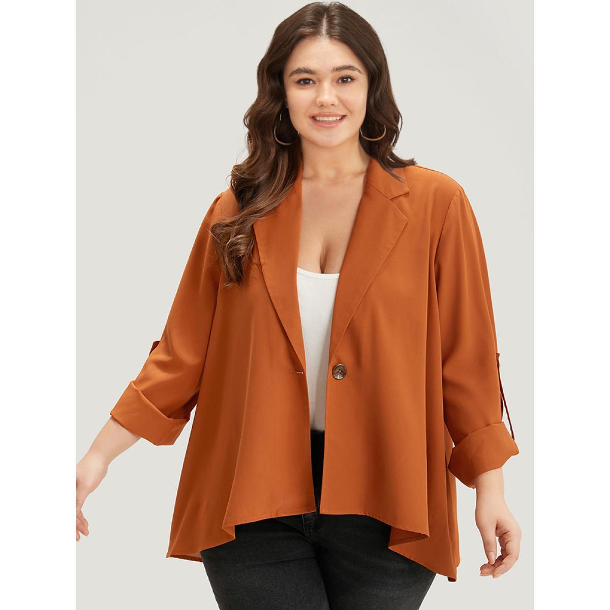 Plus Size Plain Button Up Tab Sleeve High Low Hem Blazer Chocolate Women Work Plain Drape Sleeve Long Sleeve Lapel Collar 28/5X At the Office Blazers BloomChic Product Image