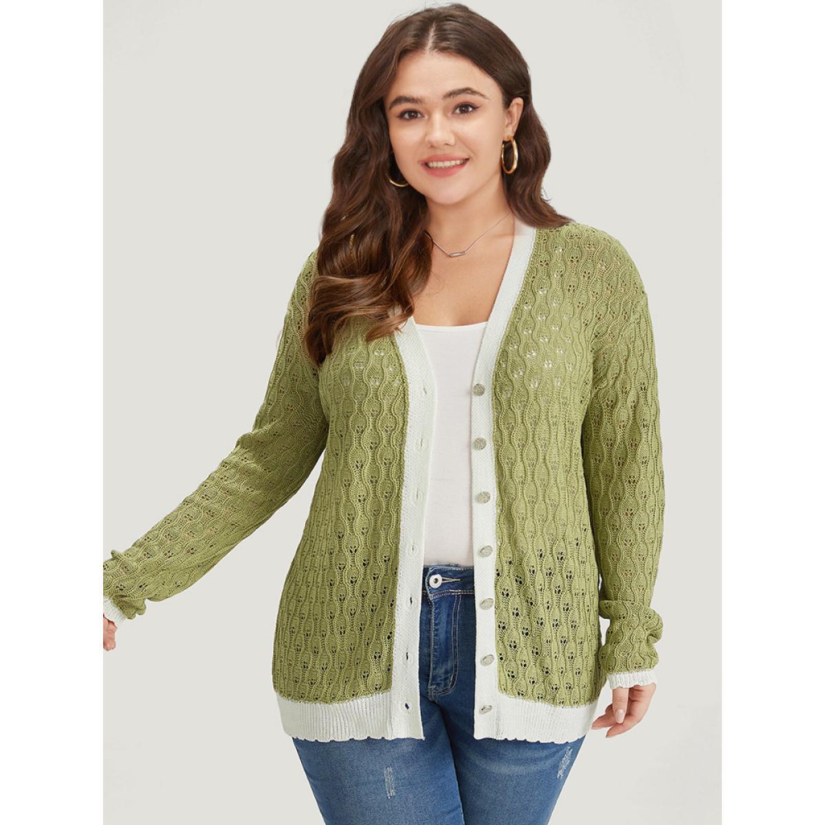 Plus Size Two Tone Patchwork Cut Out Button Down Cardigan Olive Women Casual Loose Long Sleeve Work Cardigans BloomChic 22-24/3X Product Image
