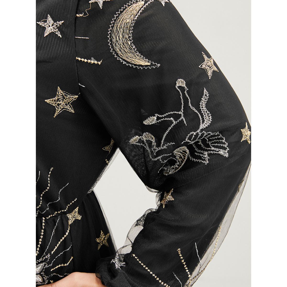 Plus Size Moon And Star Pocket Lantern Sleeve Embroidered Mesh Dress Black Women Party Round Neck Long Sleeve Curvy Long Dress BloomChic 12/L Product Image