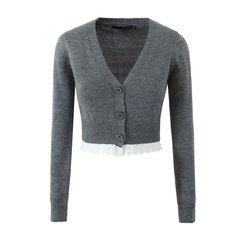 V-Neck Plain Lace Trim Cardigan / High Waist Knit Hot Pants Product Image