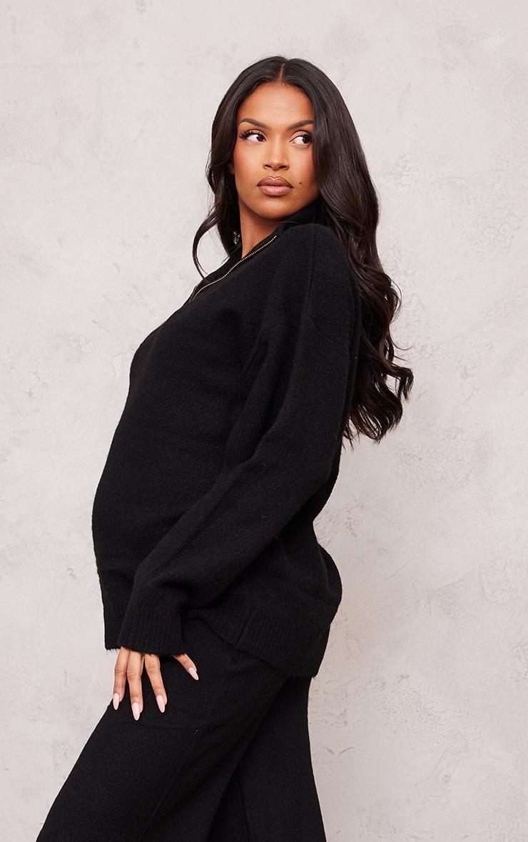 Maternity Black Knitted Slouchy Half Zip Sweater Product Image