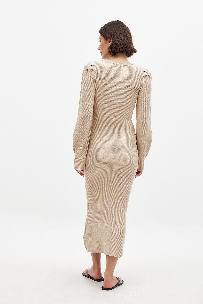 Knitted Scoop Neck Puff Sleeve Dress Product Image