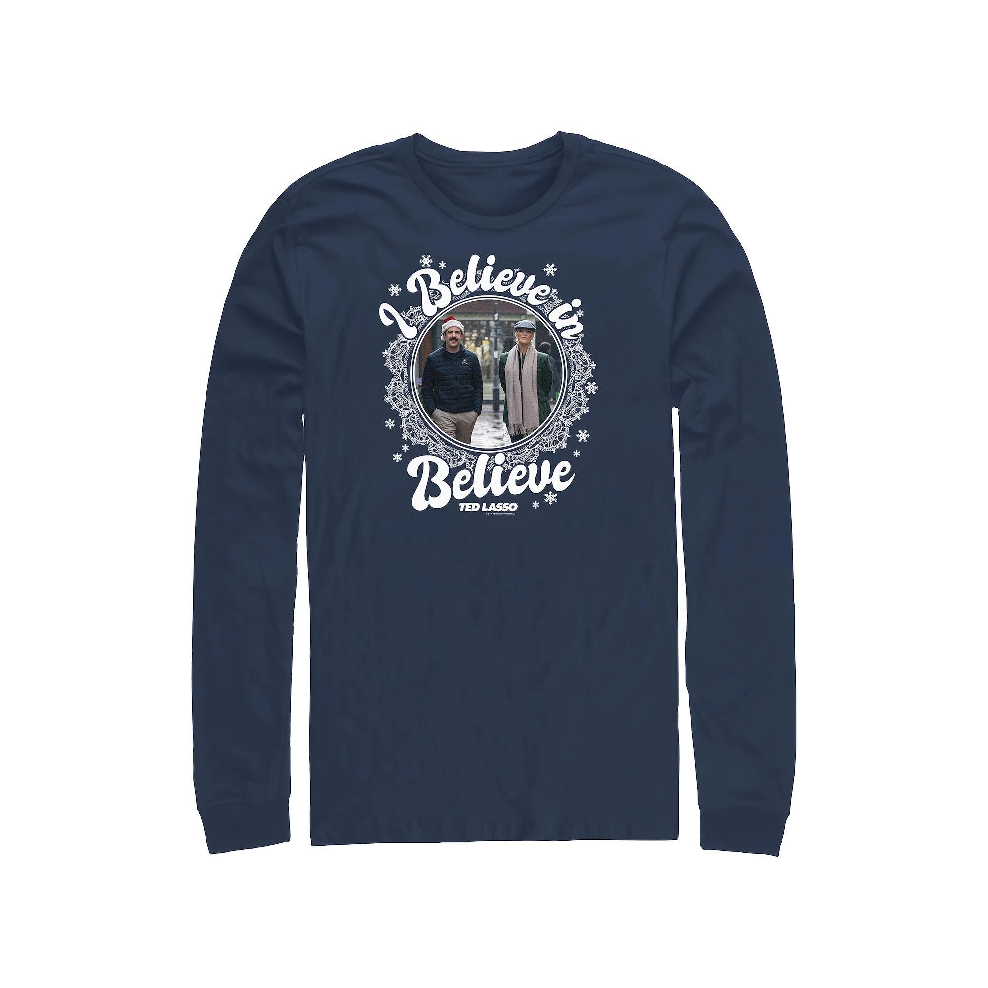 Big & Tall Ted Lasso I Believe In Believe Holiday Wreath Long Sleeve Graphic Tee, Mens Blue Product Image