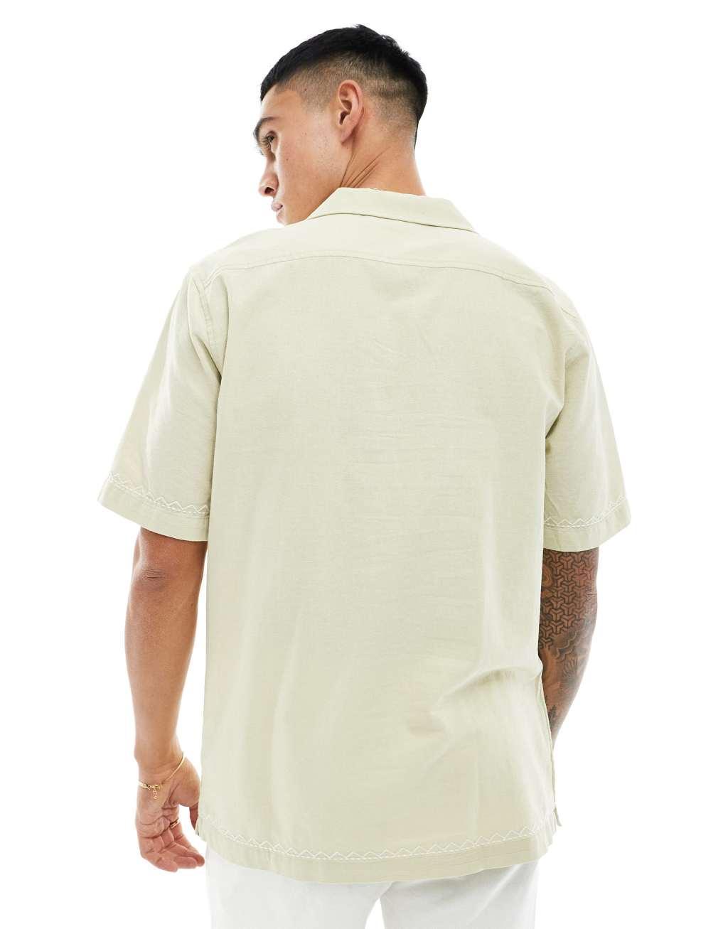 Cotton On linen blend relaxed shirt with floral embroidery  Product Image
