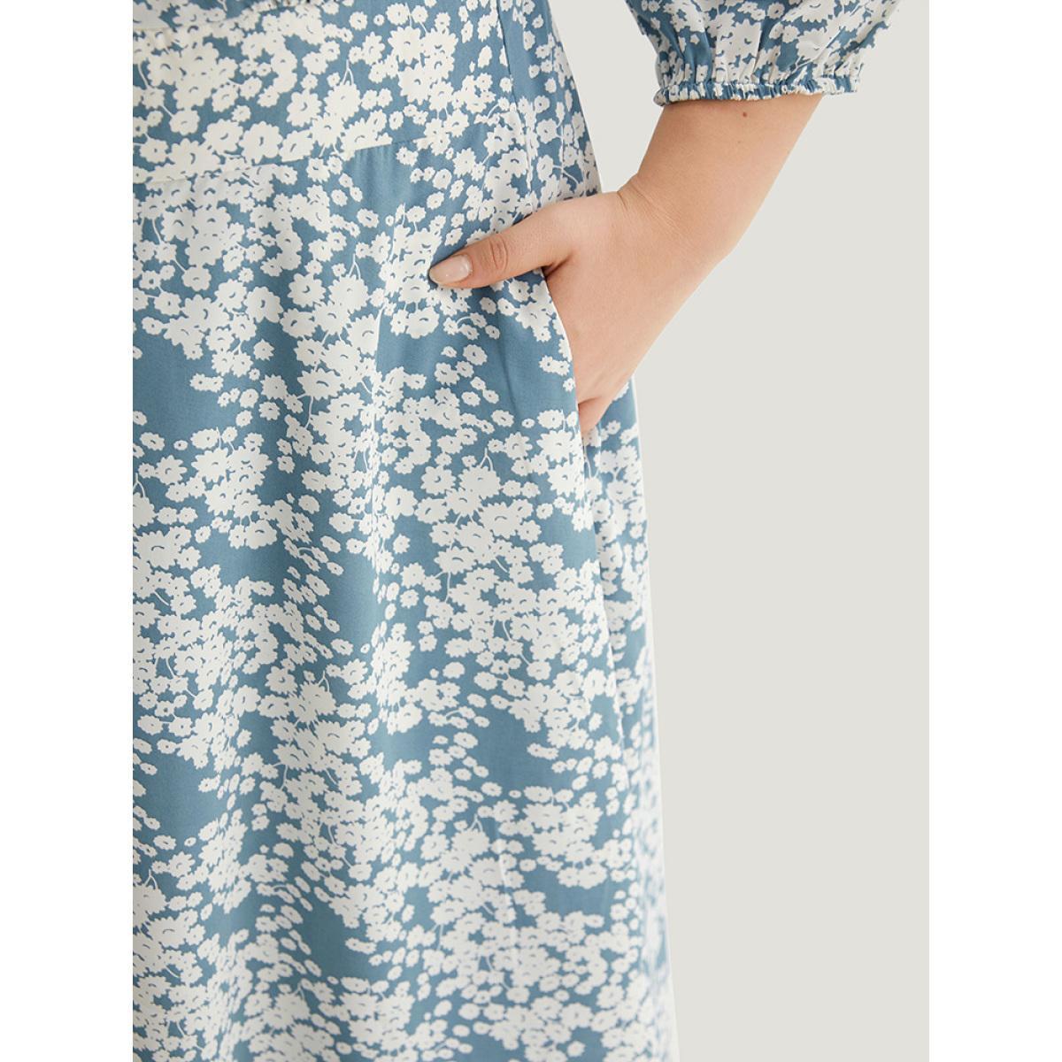 Plus Size Ditsy Floral Pleated Detail Lantern Sleeve Dress LightBlue Women Elegant Elastic cuffs V-neck Elbow-length sleeve Curvy Midi Dress BloomChic 12/L Product Image
