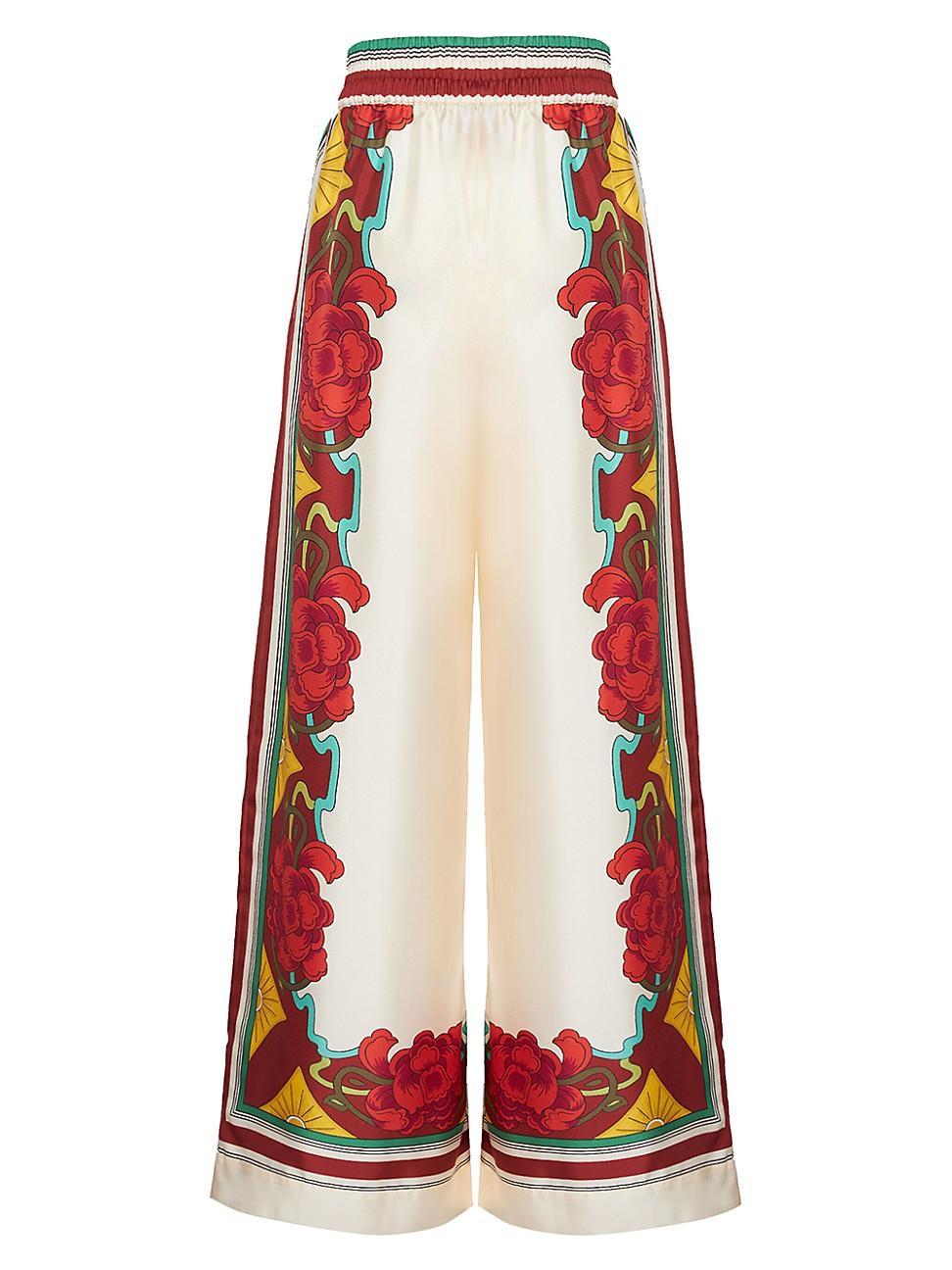 Wide-Leg Silk Palazzo Pants with Floral Detail  Product Image