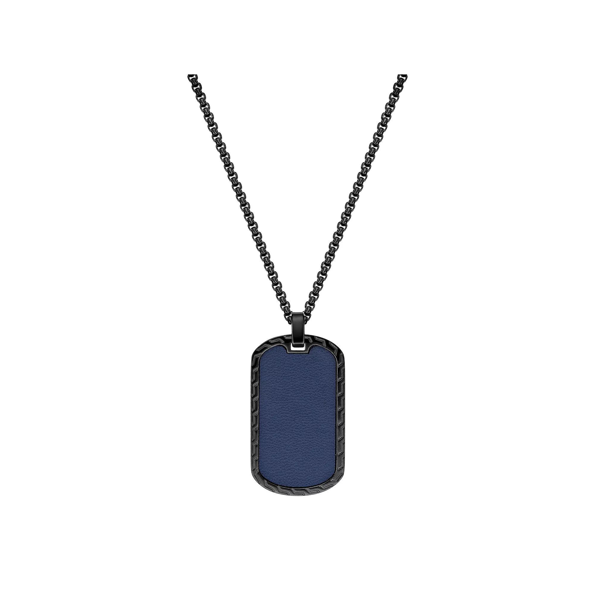 Men's LYNX Stainless Steel Blue Leather Dog Tag Pendant Necklace, Size: 24" Product Image