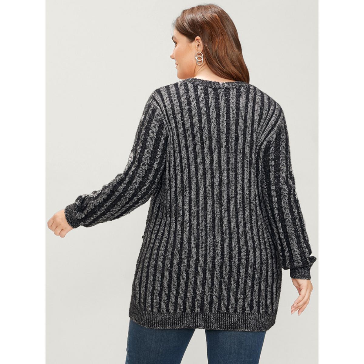 Plus Size Striped Contrast Pointelle Knit Pocket Button Front Heather Cardigan DimGray Women Casual Loose Long Sleeve Everyday Cardigans BloomChic 30/6X Product Image