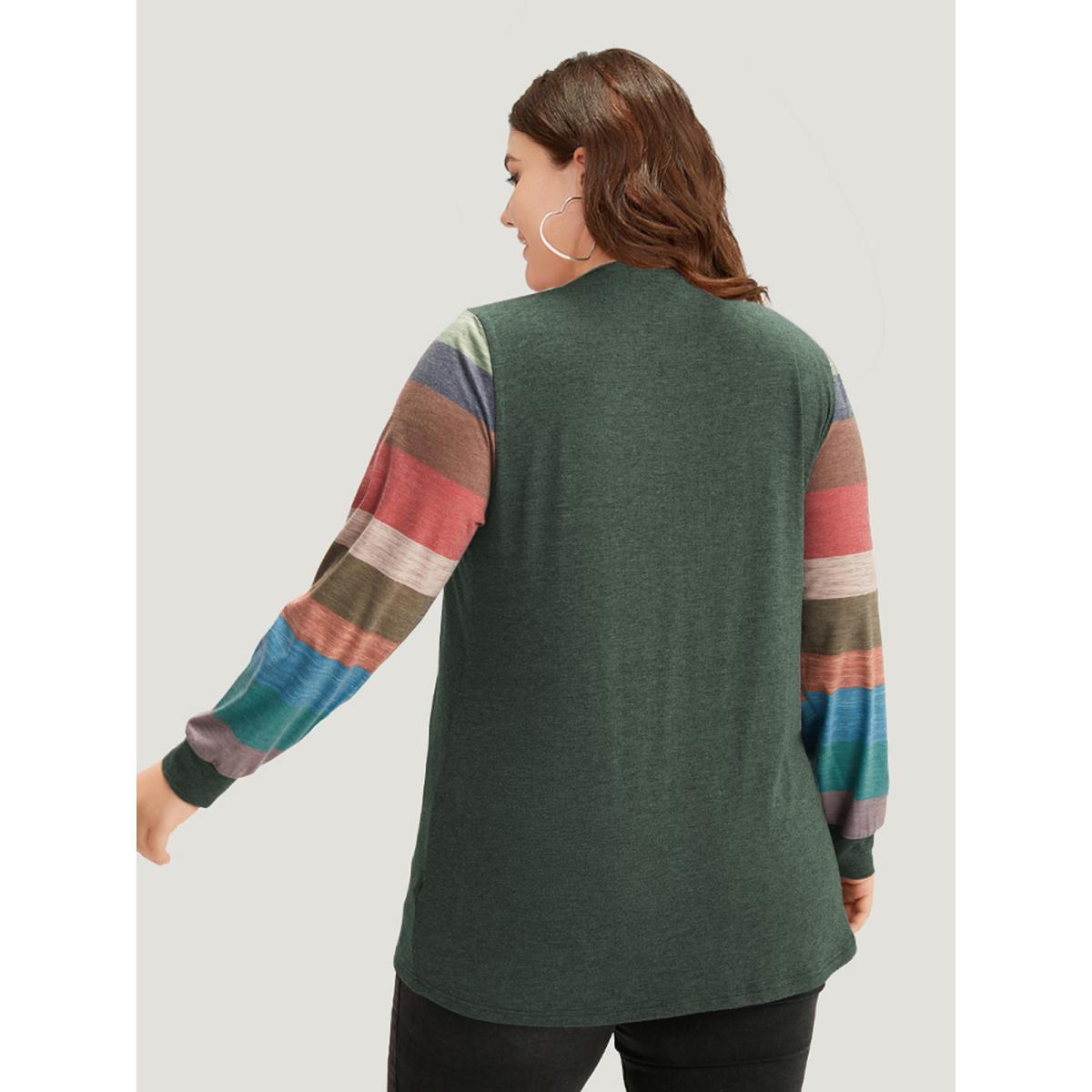 Plus Size Colorblock Contrast V Neck Button Up T-shirt Russet Women Casual Elastic cuffs Striped V-neck Everyday T-shirts BloomChic 12/L Product Image