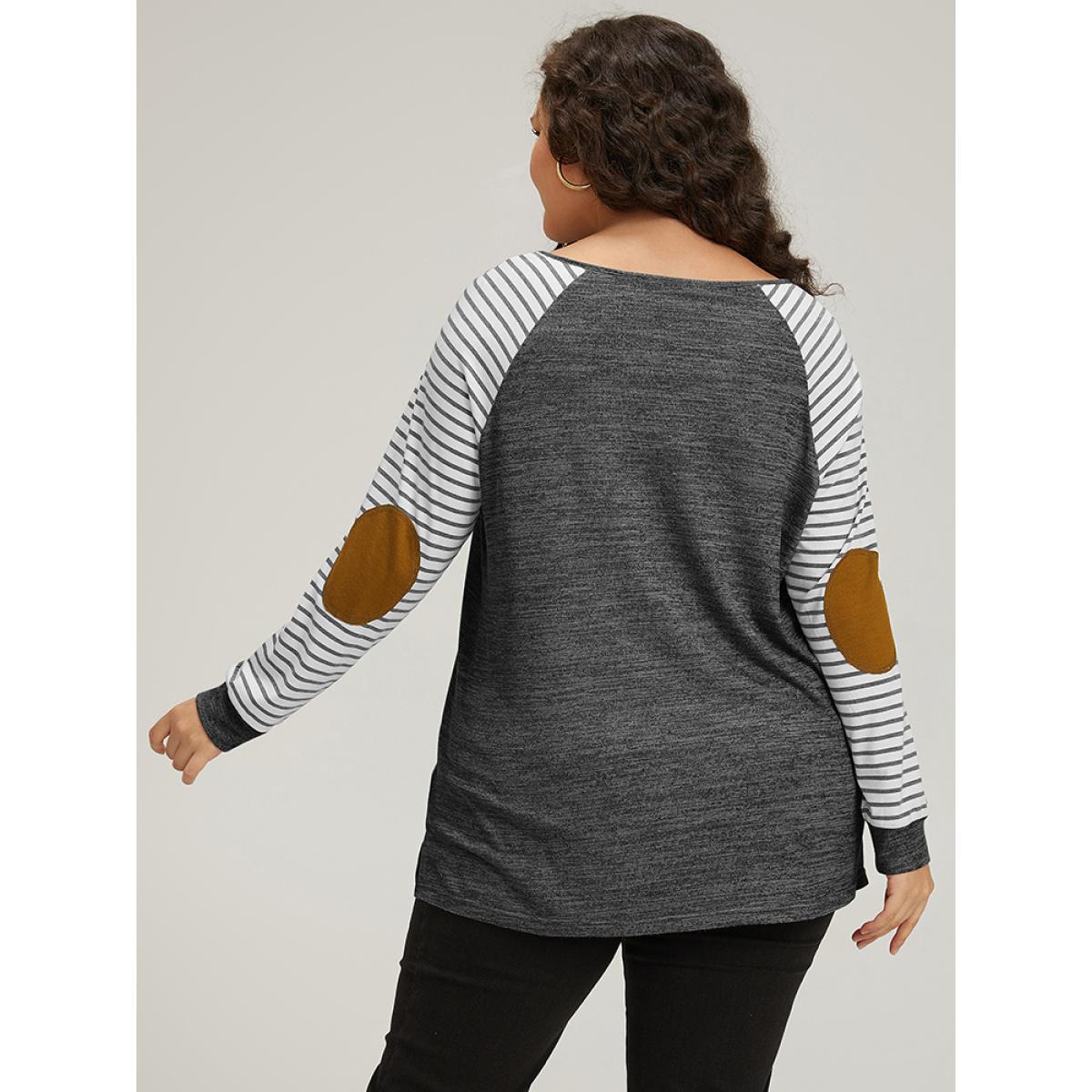 Plus Size Striped Raglan Sleeve Patched Split Side T-shirt DimGray Women Casual Contrast Striped Round Neck Dailywear T-shirts BloomChic 22-24/3X Product Image