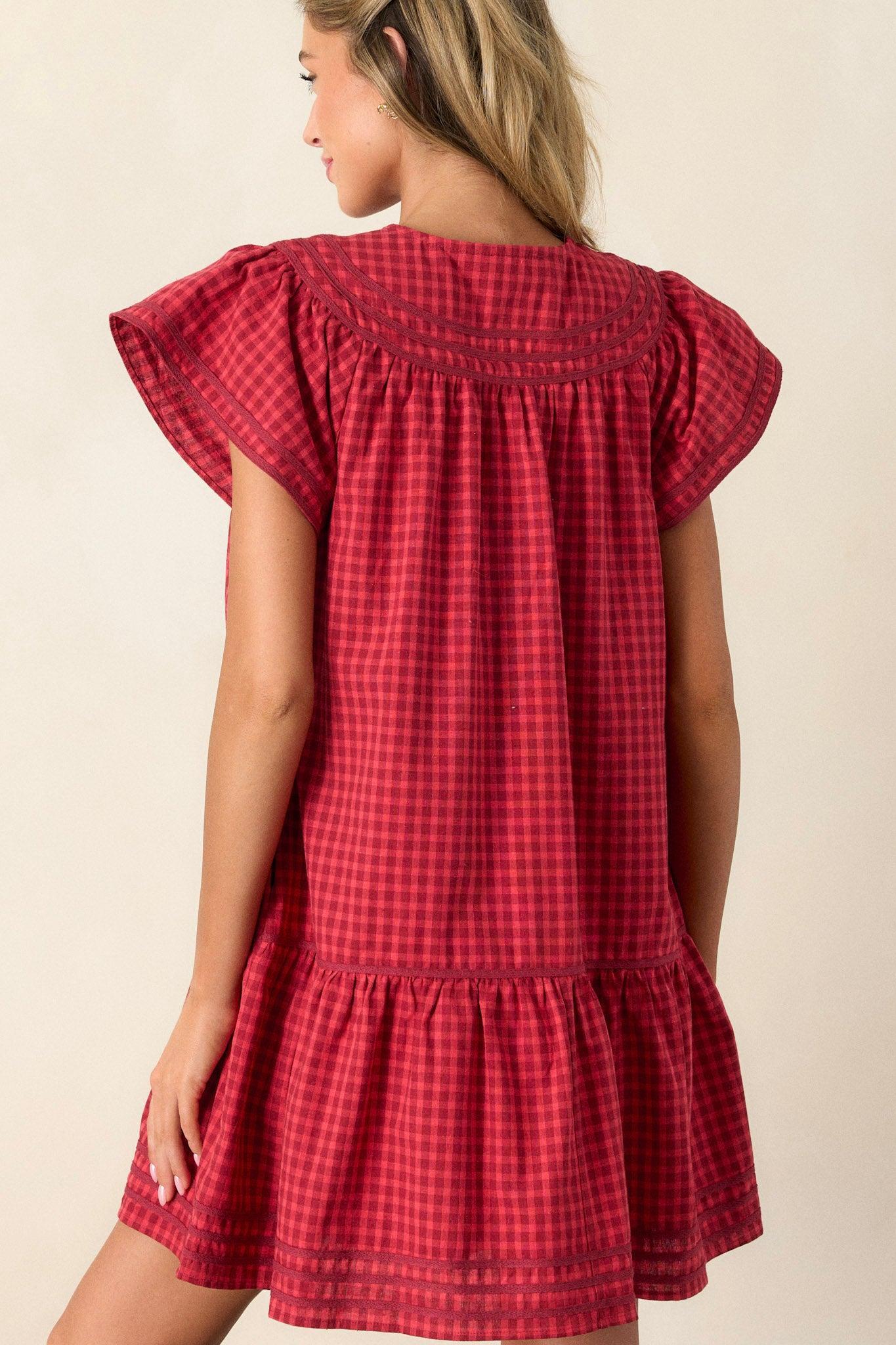 Picnic Day Cotton Red Gingham Mini Dress Product Image