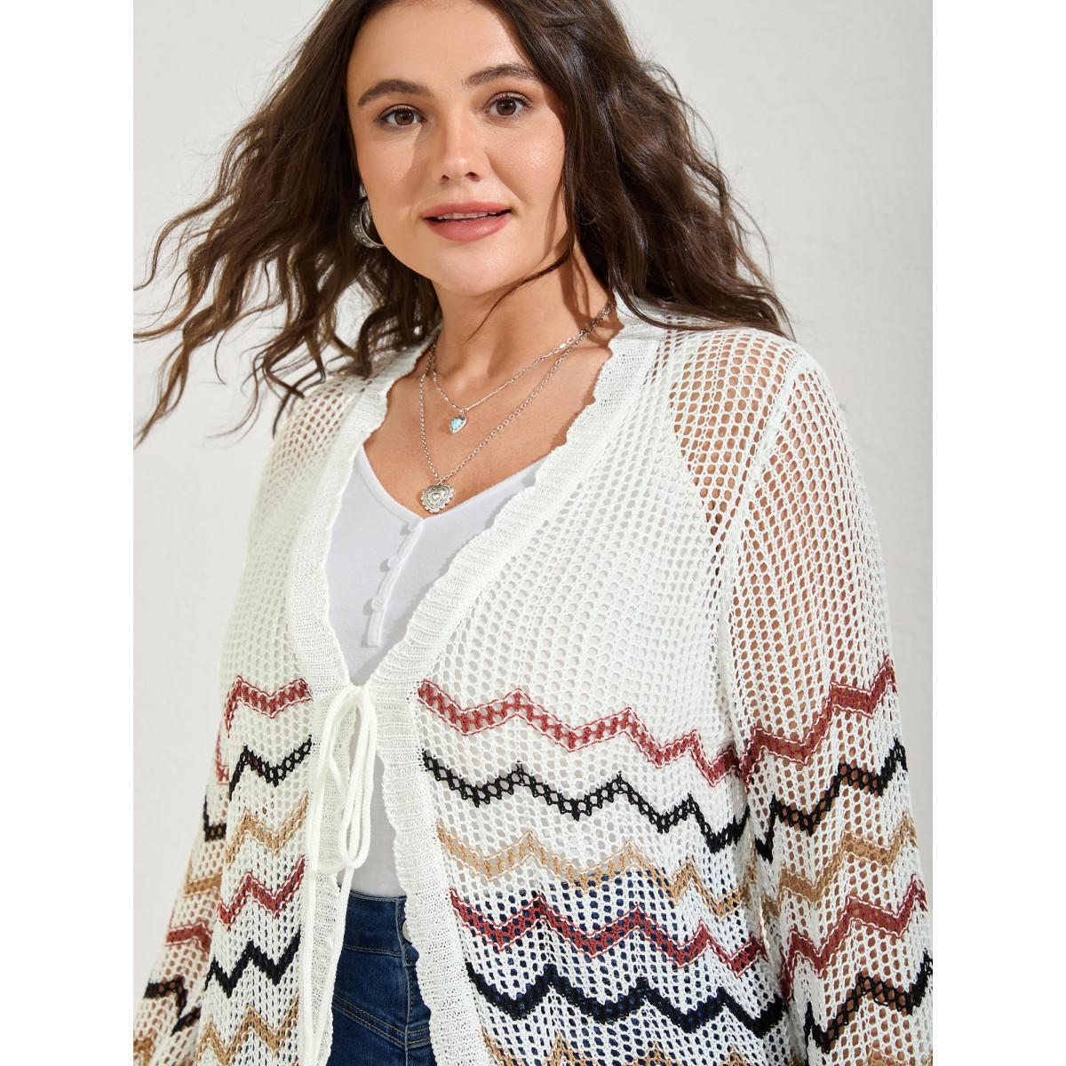 Plus Size Irregular Stripes Front Double Tie Lightweight Cardigan Ivory Women Loose Sleeveless Vacation Cardigans BloomChic 14-16/1X Product Image