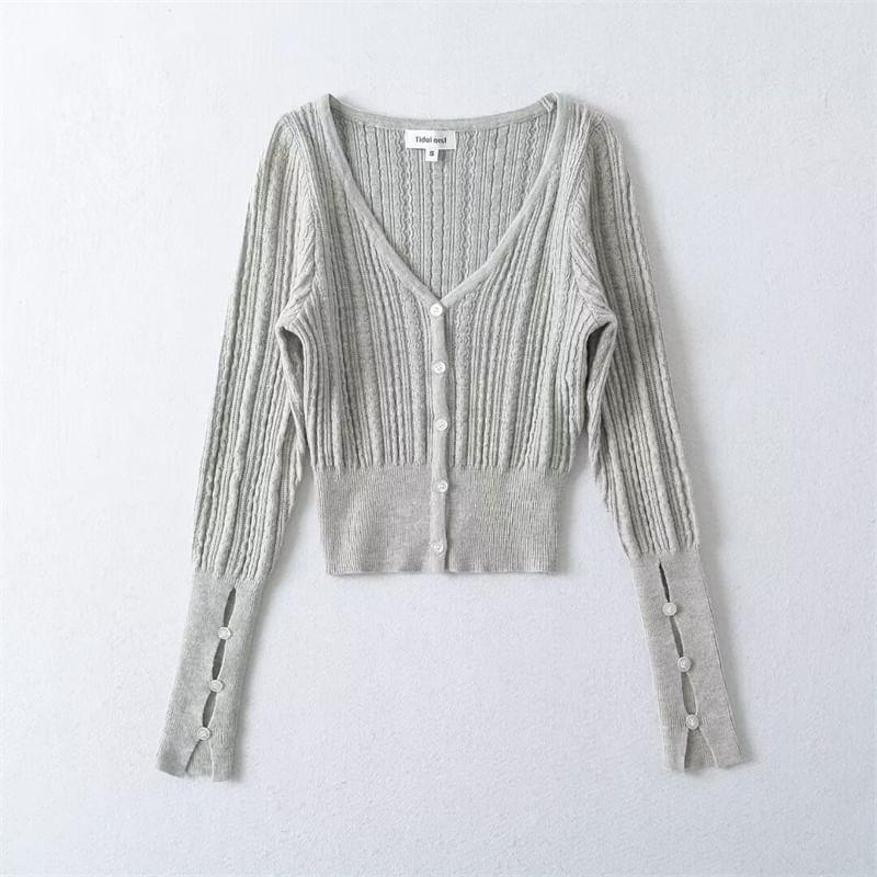 V-Neck Plain Cropped Cardigan Product Image