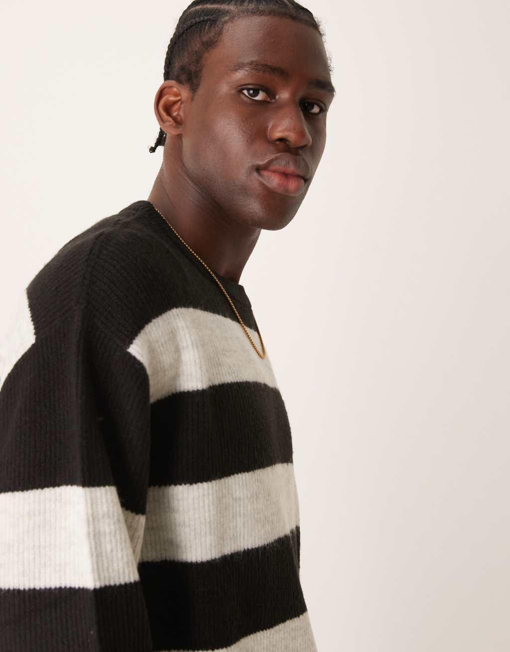 ASOS DESIGN oversized knit sweater in black and ecru stripe Product Image