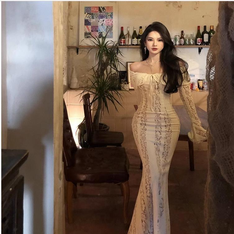 Long Sleeve Off Shoulder Plain Tie Front Lace Maxi Sheath Dress Product Image