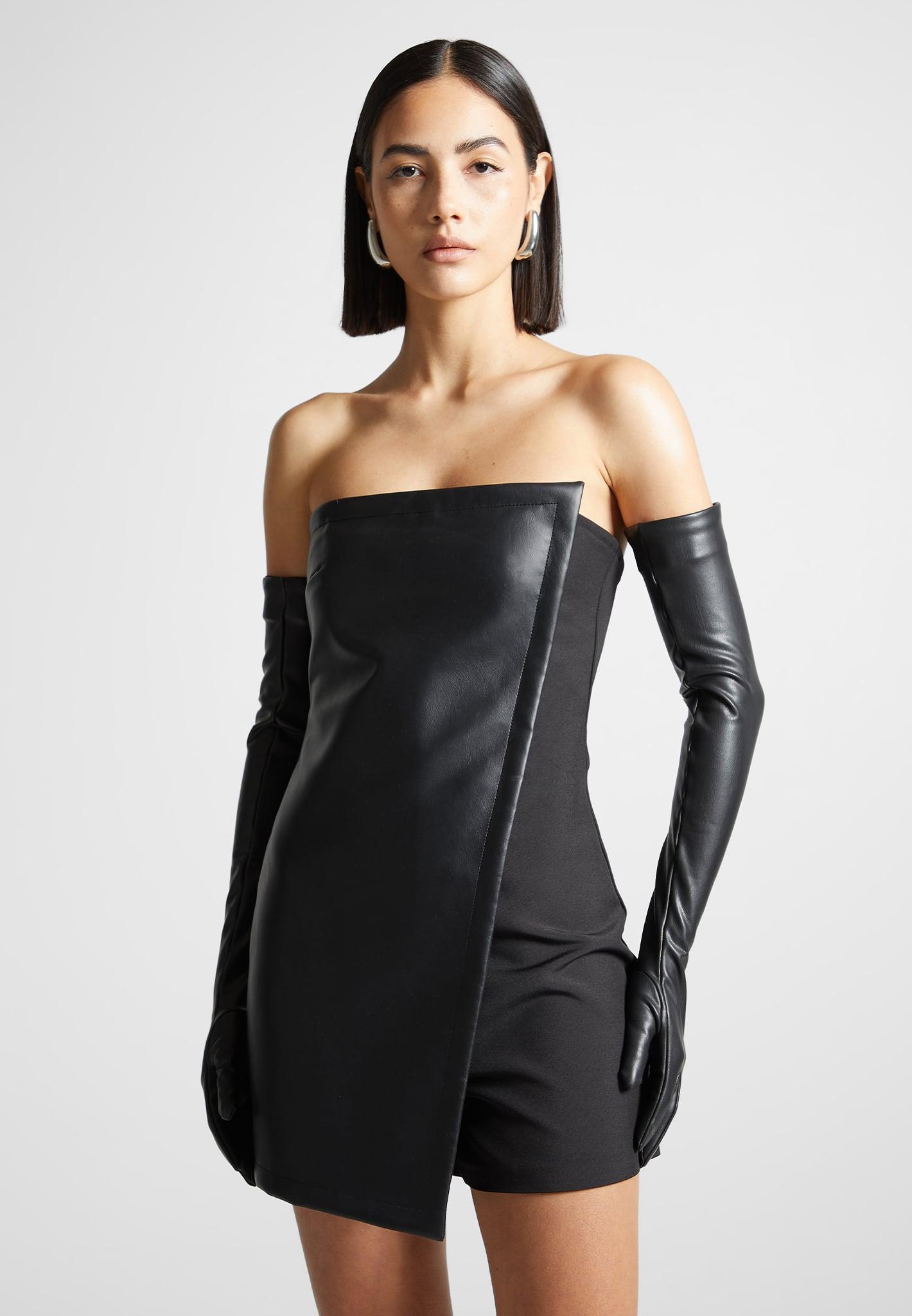 Leather Tailored Playsuit with Gloves - Black Female Product Image