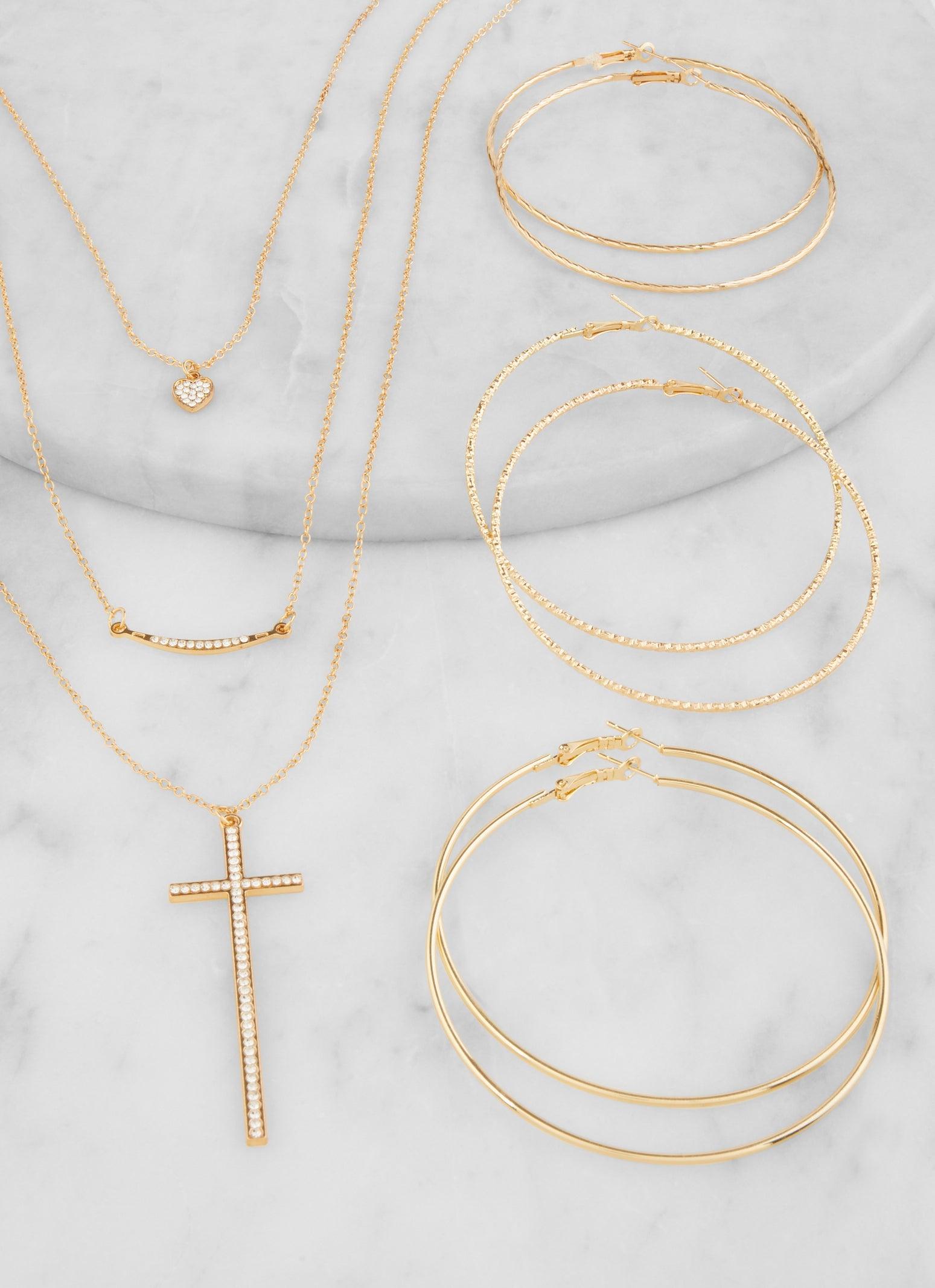 Religious Charm Layered Necklace and Drop Earrings Female Product Image