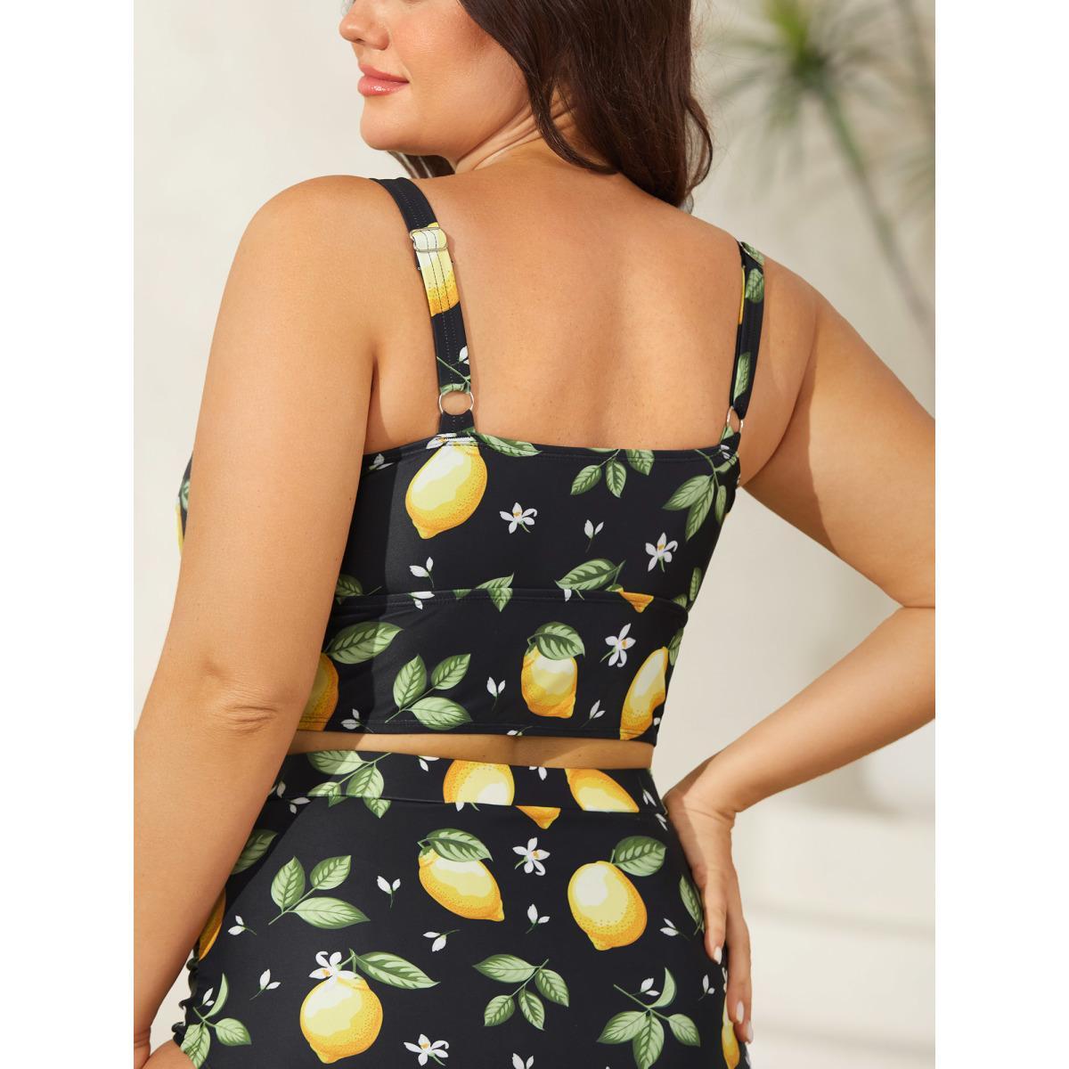 Plus Size Lemon Print Scoop Neck Swim Top Women's Swimwear Black Beach High stretch Skinny U-neck Curve Swim Tops BloomChic 14-16/1X Product Image