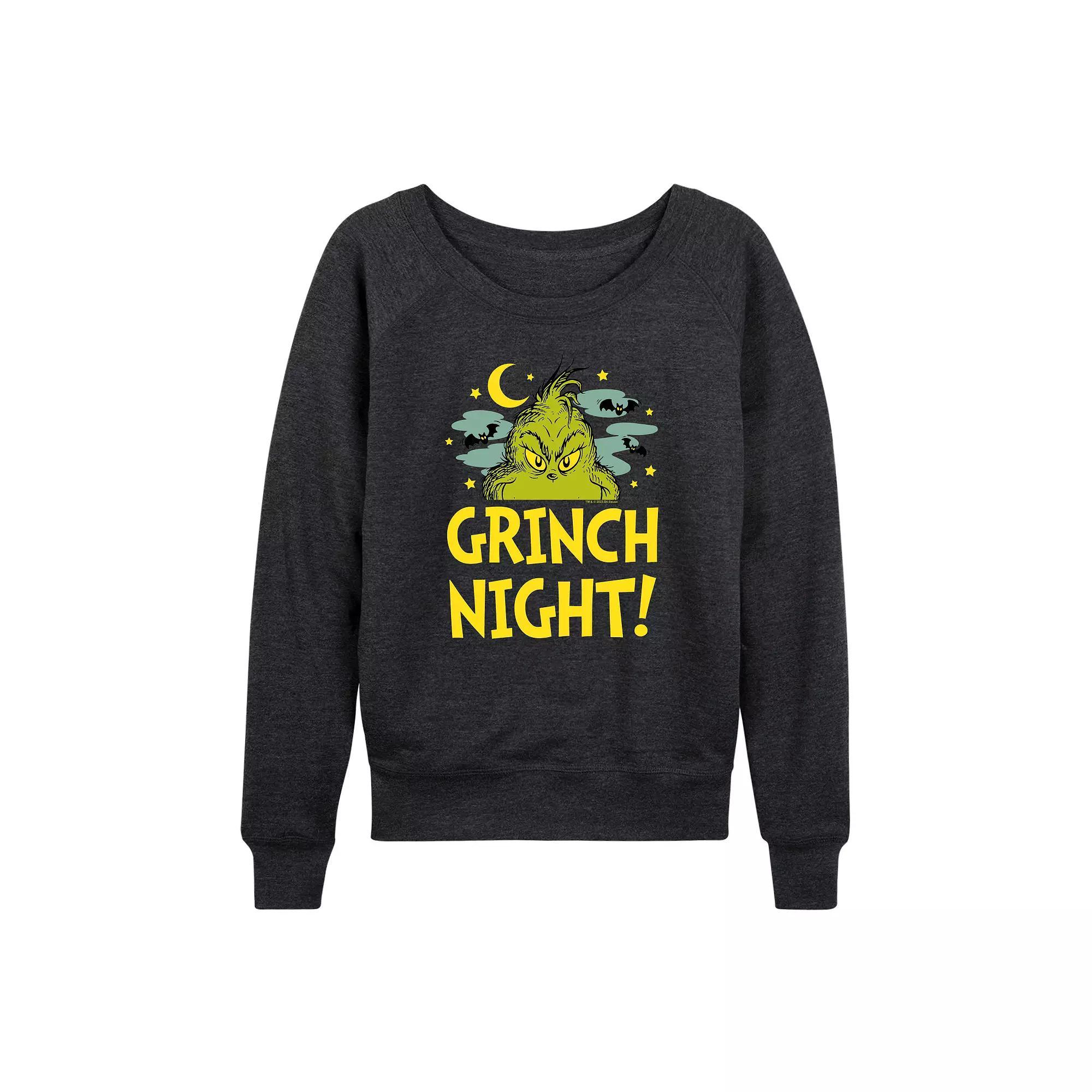 Women's Dr. Seuss Grinch Night Halloween French Terry Long Sleeve Tee, Size: Medium, Heather Grey Product Image