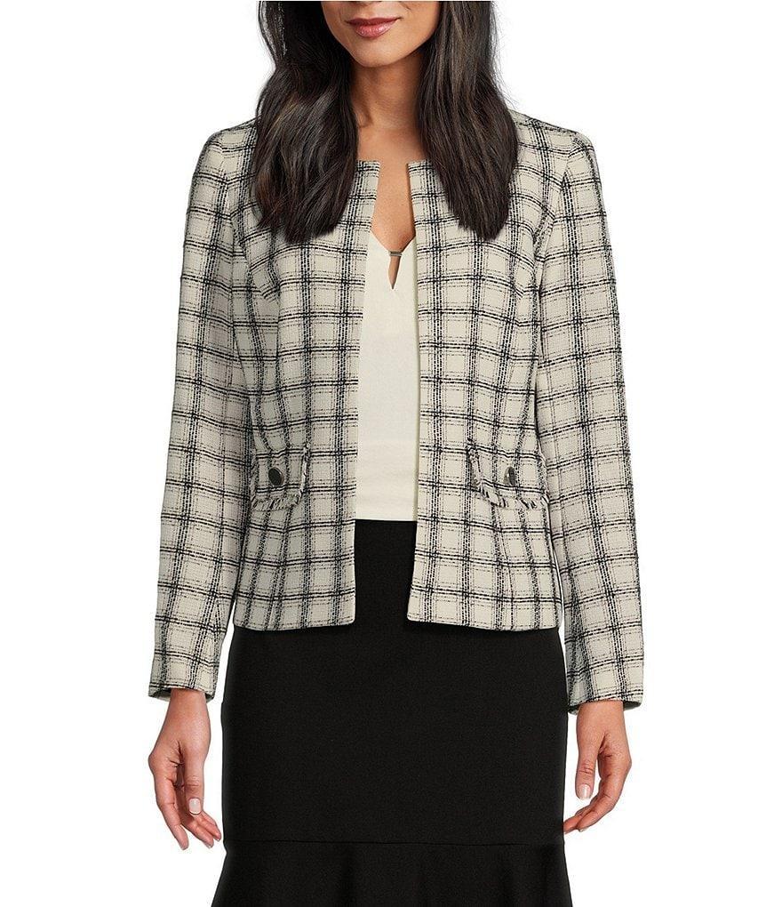 Kasper Tweed Fringe Collarless Round Neck Long Sleeve Cardigan Product Image