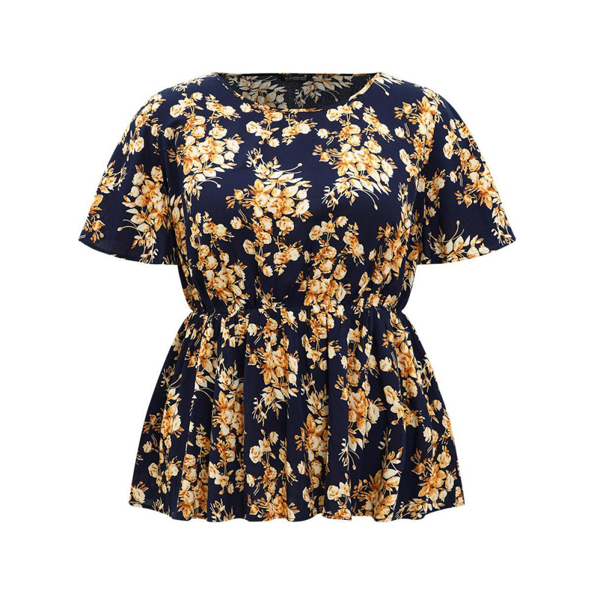 Plus Size Indigo Floral Print Flutter Sleeve Elastic Waist Blouse Women Elegant Short sleeve Round Neck Dailywear Blouses BloomChic 26/4X Product Image