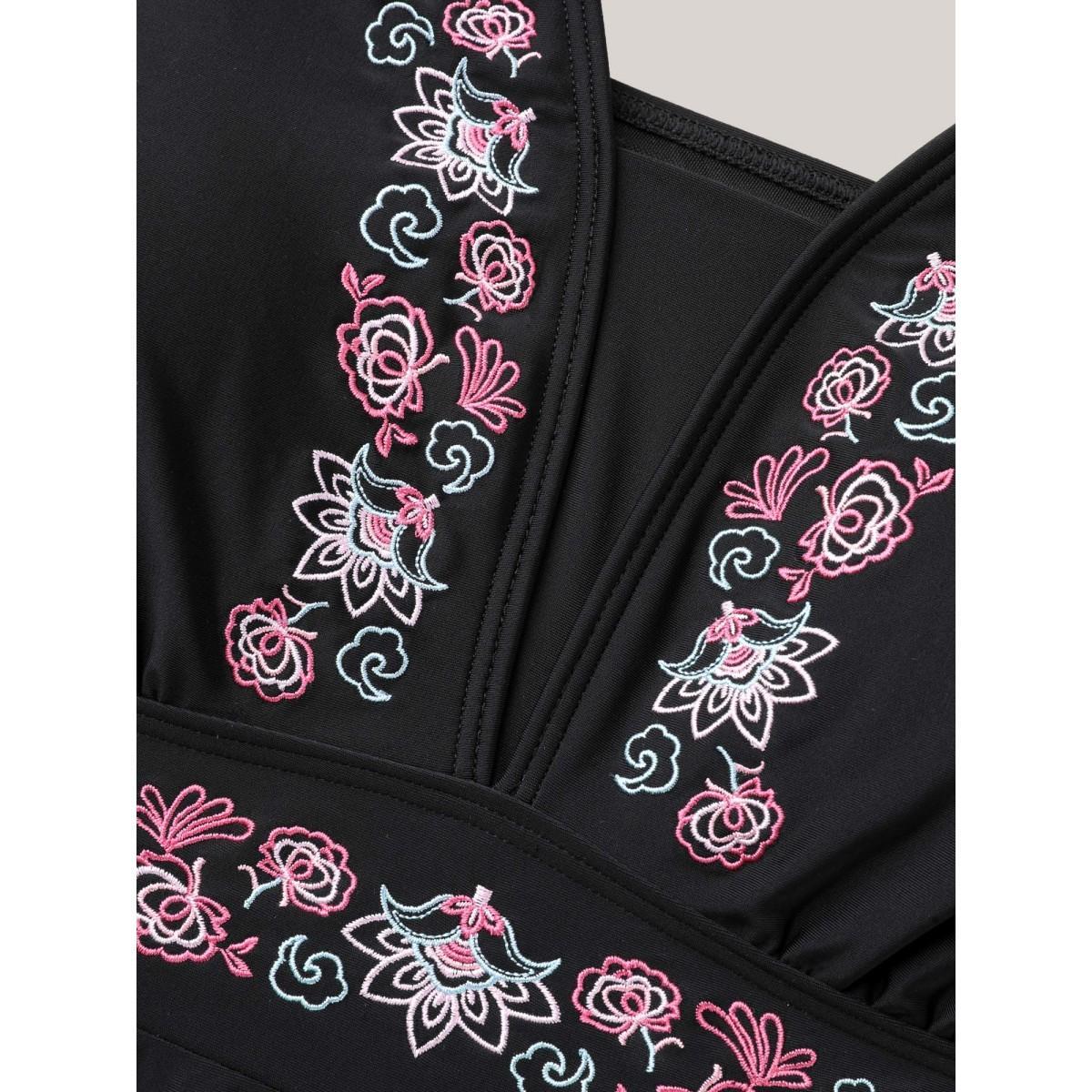 Plus Size Embroidered V-Neck Swim Dress Women's Swimwear Black Beach Bodycon V-neck High stretch Curve Swim Dresses BloomChic 12/L Product Image
