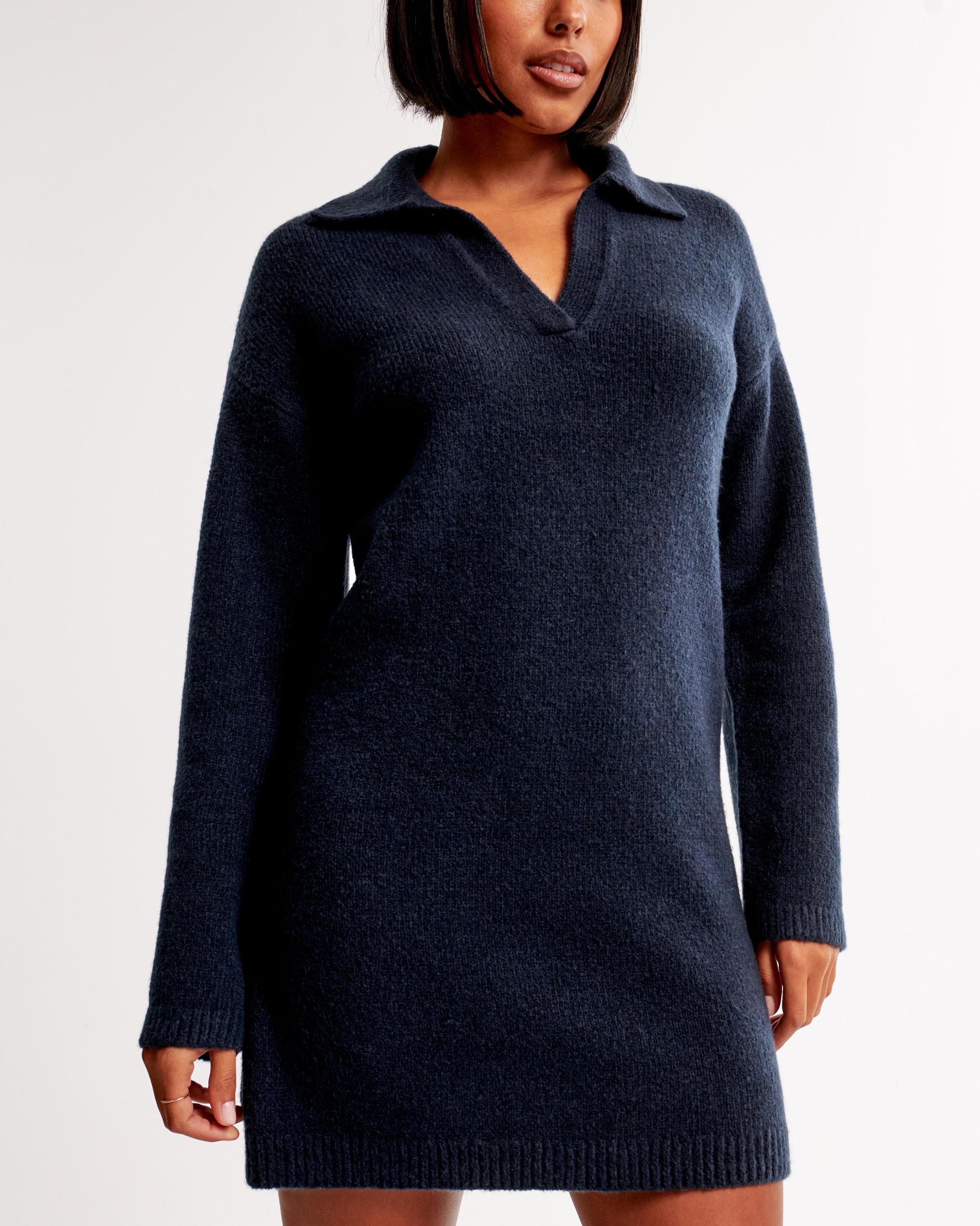 Long-Sleeve Collared Mini Sweater Dress Product Image