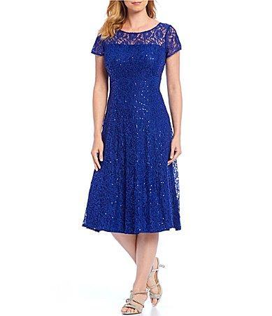 Ignite Evenings Round Neck Short Sleeve Sequin Lace Midi Dress Product Image